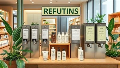 An artistic depiction of a beauty product refill station setup at a retail location, with sleek, eco-friendly packaging displayed next to refill dispensers, surrounded by green leafy accents and earthy tones, conveying a message of sustainability and eco-conscious beauty choices.