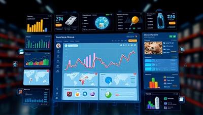 A virtual dashboard displaying real-time inventory trends, demand forecasts, and supply chain insights, surrounded by digital market graphs, product images, and data visualization tools, symbolizing advanced inventory management capabilities.