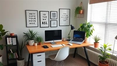 A serene home office setup with a professional working at a tidy desk, surrounded by plants, motivational quotes, and digital tools for productivity, creating a harmonious and efficient remote work environment.