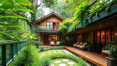 An immersive eco-friendly accommodation setting surrounded by lush greenery and sustainable architecture, showcasing the serene and environmentally conscious atmosphere offered by lodging partners on GreenStay Marketplace.