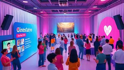 An imaginative illustration of a virtual event space with customizable themes, interactive features like virtual photo booths and mini-games, and a diverse group of attendees engaging in a virtual celebration, capturing the dynamic and personalized nature of the platform.