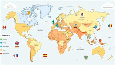 An illustration of a virtual world map with various language-themed challenges and activities represented by interactive icons, enticing learners to explore and learn.