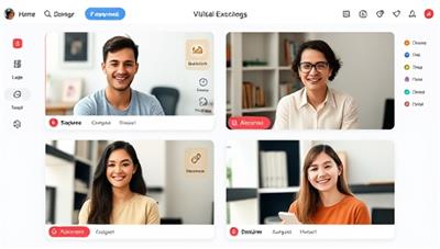 A dynamic digital interface showing users engaging in language exchange sessions through video calls, accompanied by interactive language exercises and progress trackers, creating a vibrant and educational virtual environment.