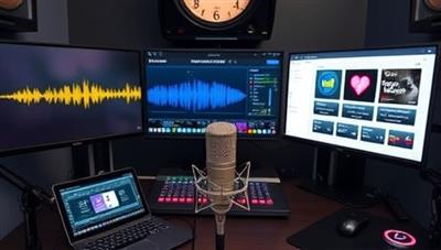 A podcasting studio setup with a microphone and recording equipment, surrounded by audio waveforms and digital screens displaying dynamic ad insertion tools, highlighting the personalized and tech-driven approach of PodAdTune's audio ad solutions.