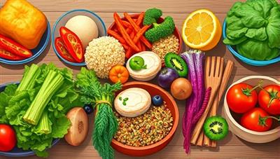 An appetizing digital illustration of a colorful plant-based meal spread, featuring vibrant vegetables, grains, and plant-based proteins beautifully arranged on a table, enticing viewers with healthy and delicious food options.