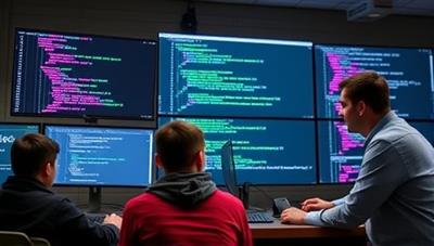 A dynamic coding environment with digital screens displaying lines of code, programmers collaborating virtually on a project, and a mentor offering guidance and support, illustrating a modern and collaborative approach to coding education.