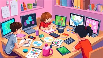 An illustration of a group of children engrossed in a coding workshop, surrounded by colorful computer screens displaying their digital art creations, with a mix of art supplies and coding tools on the table, showcasing the fusion of technology and creativity in the workshops.