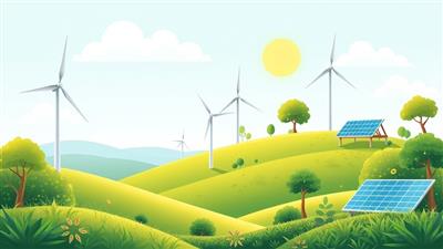 An eco-friendly illustration featuring a lush green landscape with renewable energy sources like wind turbines and solar panels, symbolizing the environmentally conscious approach of GreenInsure in providing sustainable insurance solutions.