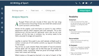 An AI-powered writing analysis tool interface displaying a detailed analysis report of a sample text, highlighting areas for improvement in style, tone, readability, and grammar, with personalized recommendations for enhancing the writing content.