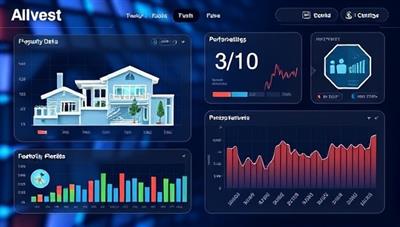 A sleek and futuristic AI interface displaying real-time property data, investment recommendations, and portfolio performance metrics, illustrating the intelligence and sophistication of AIvest Wise in guiding users through real estate investment opportunities with precision and insight.