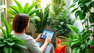 A cozy and green indoor plant corner with a person attending a virtual plant care consultation on a tablet, surrounded by lush greenery, watering cans, and gardening tools, conveying a nurturing and plant-friendly atmosphere.