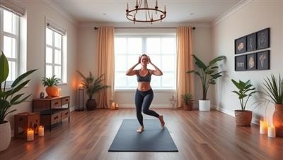 A serene and tranquil virtual yoga studio setting with an instructor leading a live yoga class, surrounded by calming decor, candles, and greenery, evoking a sense of peace and mindfulness for ZenFlow Online subscribers practicing yoga and meditation at home.