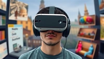 An individual wearing a VR headset, surrounded by virtual language learning environments with interactive language exercises and cultural settings, showcasing the immersive and engaging experience of VR Lingua.