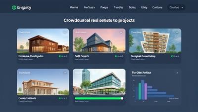 An interactive digital platform interface showcasing various crowdsourced real estate development projects, with collaborative tools, design concepts, and funding progress bars, illustrating the dynamic and engaging nature of community-driven property development.