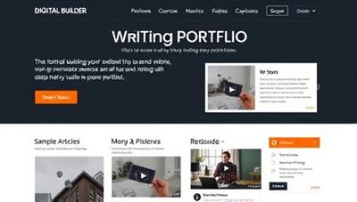 A sleek and modern digital writing portfolio layout displaying sample articles, testimonials, and multimedia elements like videos and infographics, highlighting the versatility and professionalism of the portfolio builder platform.