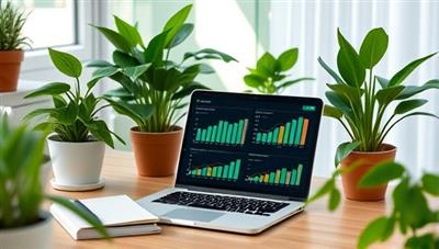 An eco-friendly and sustainable office space with green plants, recycled paper notebooks, and a laptop displaying ESG investment performance charts, creating a harmonious and environmentally conscious work environment.