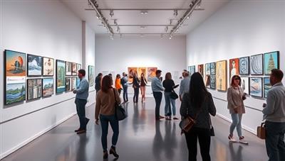 A digital art gallery scene showcasing a virtual exhibition of contemporary artworks displayed on interactive screens, with virtual visitors exploring the gallery space, interacting with artworks, and engaging in discussions with artists, creating a vibrant and immersive art world.