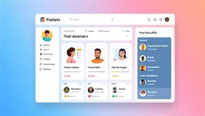 An interactive online platform interface displaying user profiles of skill providers and learners, with a virtual marketplace where users can browse skills, schedule sessions, and leave reviews, emphasizing the collaborative and community-driven nature of the skill-sharing hub.