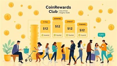 An illustrative depiction of a virtual rewards club interface with digital coins, reward tiers, and a diverse group of users engaging in online activities, shopping, and referring friends, symbolizing earning opportunities and community engagement within the CoinRewards Club program.