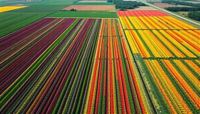 An agricultural landscape captured from above by a drone, showing detailed field mapping data with vibrant color-coded overlays indicating crop health, moisture levels, and soil conditions, demonstrating the advanced capabilities of AeroAgri Insights' drone mapping technology for precision agriculture.