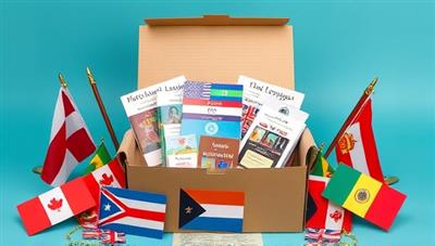 An aesthetically pleasing box filled with language books, flashcards, and cultural items, surrounded by flags of different countries, symbolizing the diverse and immersive language learning experience provided by the subscription service.