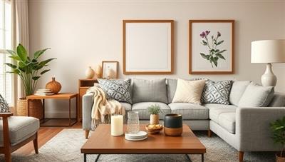 An elegantly styled living room showcasing the curated artisanal home decor items from Crafted Haven's subscription box, including a luxurious throw blanket, hand-poured candles, intricately designed ceramics, and botanical prints, creating a cozy and chic ambiance.