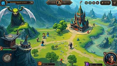An online adventure quest game interface displaying a fantastical realm with diverse landscapes, mythical creatures, and heroic characters on epic quests, with intricate details and vibrant visuals that immerse players in a captivating and dynamic gaming world full of adventure and challenges.