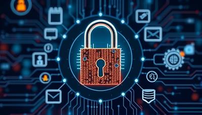 A digital padlock symbolizing data security and privacy, surrounded by intricate data protection icons and a shield, representing robust protection and trust in maintaining confidential information, illustrating security and compliance in data handling.