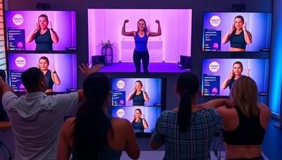 A dynamic virtual workout session with a diverse group of people following a trainer's instructions on their screens, showcasing energy, motivation, and inclusivity.