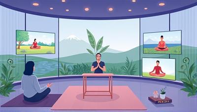 An illustration of a serene virtual retreat setting with participants engaging in meditation, yoga poses, and relaxation exercises on screens, surrounded by calming nature visuals and peaceful ambiance, creating a tranquil and rejuvenating virtual experience.