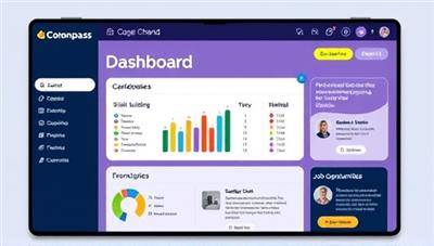 A dynamic platform interface featuring the Career Compass Connect dashboard, with personalized career recommendations, skill-building progress trackers, mentorship connections, and job opportunities tailored to each student's interests and aspirations, showcasing a comprehensive career development tool for young learners.
