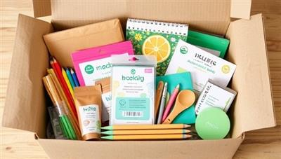 An assortment of eco-friendly school supplies arranged in a sustainable packaging box made from recycled materials, showcasing the variety and quality of environmentally conscious products offered in the subscription service.