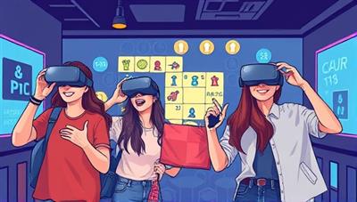 An illustration of a group of friends wearing virtual reality headsets, each interacting with a different puzzle element in a futuristic digital escape room setting, showcasing teamwork and excitement.