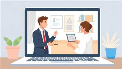An illustration of a virtual legal consultation taking place on a laptop screen, with a lawyer and a client engaged in a discussion, emphasizing the convenience and accessibility of online legal services.