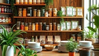 A cozy and inviting workshop setting with shelves filled with colorful jars of ingredients, mixing bowls, and beauty recipe cards, surrounded by green plants and soft lighting to evoke a sense of natural beauty and creativity.