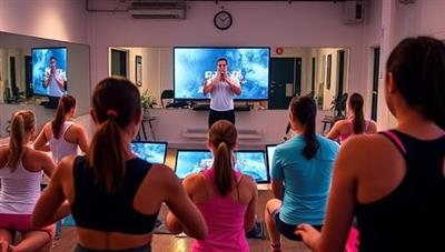 An energetic image of a virtual fitness class in progress, with participants following a trainer's instructions on their screens, showcasing the interactive and engaging nature of FitStream's virtual fitness classes.