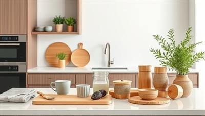 An elegant kitchen setting with a beautifully arranged display of bamboo kitchenware, showcasing the products' sleek design and eco-friendly appeal in a modern home environment.
