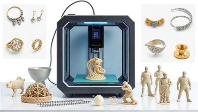 An innovative and futuristic 3D printer in action, creating a complex and intricate design, surrounded by various finished products like jewelry, miniatures, and custom parts, showcasing the capabilities of the technology.