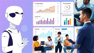 An advanced AI chatbot interface engaging with a user on financial planning, colorful graphs illustrating budgeting trends and investment opportunities, a diverse group of users accessing the personal finance assistant on different devices, and a financial expert discussing the benefits of AI-driven financial management, conveying efficiency and personalized support in money management.