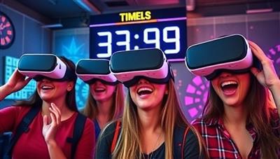 A group of friends wearing VR headsets, fully immersed in a virtual world filled with puzzles and challenges, with a digital countdown timer ticking away, capturing the intensity and fun of the VR Escape Quest experience.