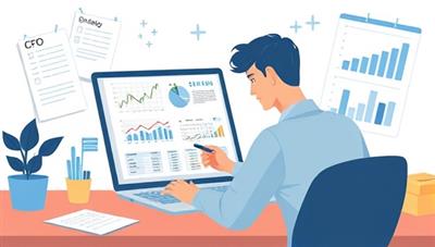 An illustrative image of a virtual CFO analyzing financial reports on a laptop screen, surrounded by strategic planning notes and graphs, symbolizing the professional financial guidance and expertise offered by CFO On-Demand to businesses looking to optimize their financial performance.