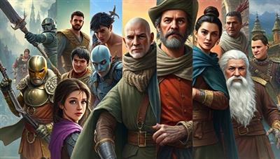 A montage of diverse characters and settings from different story-driven games, blending fantasy, sci-fi, and historical elements to showcase the variety and personalization of gaming experiences offered by Narrative Quest.