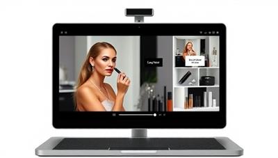 An elegant digital interface displaying a split-screen view of a makeup artist providing live tutorial guidance to a client, showcasing professional tools and products in a virtual setting that exudes convenience and expertise.