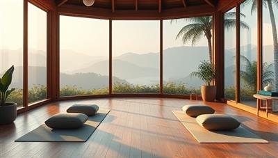 A serene virtual retreat environment with calming nature scenes, yoga mats, meditation cushions, and soothing music, creating a peaceful and rejuvenating atmosphere that embodies the essence of Serenity Haven Online's wellness retreat subscriptions.