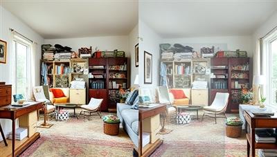 A split-screen image showing a cluttered room on one side and the same room transformed with virtual design overlays on the other side, highlighting the potential of RoomVision to create stunning visual transformations.