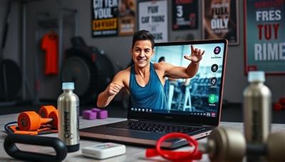 An energetic fitness coach leading a virtual workout session on a laptop screen, surrounded by workout equipment, water bottles, and motivational posters, exuding a sense of energy and motivation.