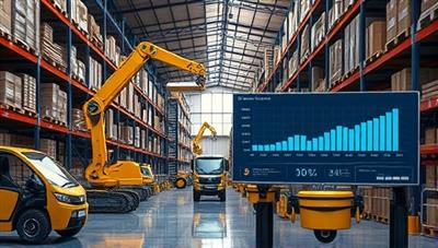 An artistic visualization of a warehouse scene with robotic arms and automated vehicles working seamlessly alongside human workers, with a digital control panel displaying real-time performance metrics and efficiency gains, illustrating the future of warehouse robotics as a service.