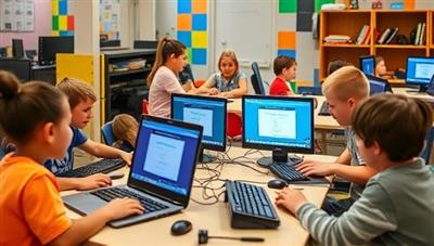 A group of enthusiastic children gathered around computers, collaborating on coding projects in a colorful and engaging environment, showcasing the fun and interactive nature of the coding bootcamps.