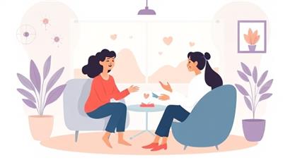 An emotive illustration of a therapy session taking place on the MindCare Connect platform, showing a therapist and client engaged in a virtual counseling session, with a supportive and calming environment, highlighting the platform's focus on mental wellness and emotional support.