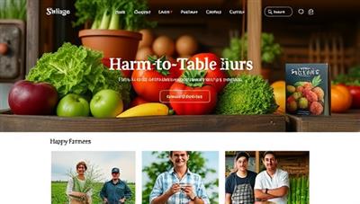 An online marketplace interface showcasing a variety of fresh produce and artisanal goods, with a farm-to-table concept highlighted through images of happy farmers and satisfied customers.